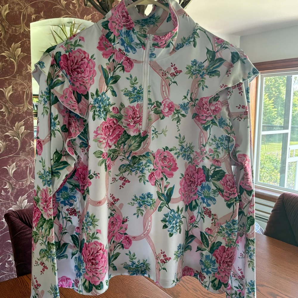 Floral Ruffle Long-Sleeve Women's Top - Pink/Green on White